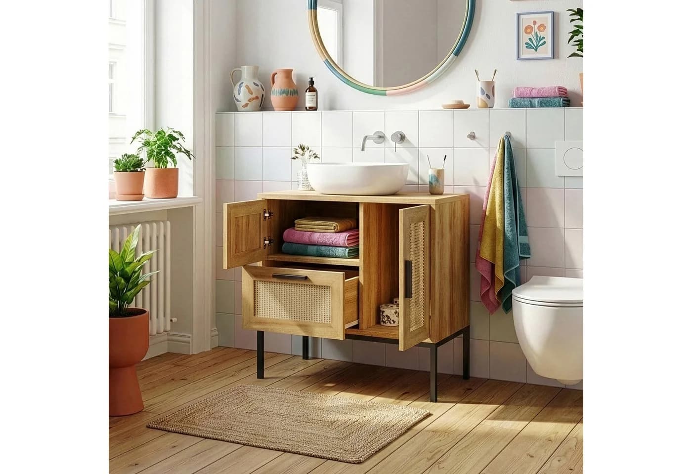 en.casa Waschbeckenunterschrank Marhasa mit Schublade und 2 Türen Eiche/Schwarz - Bild 3