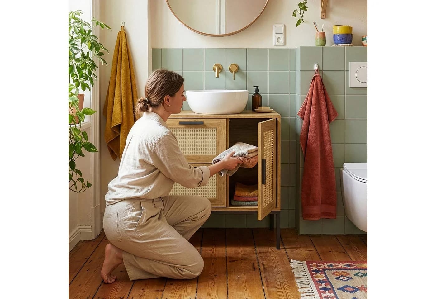 en.casa Waschbeckenunterschrank Marhasa mit Schublade und 2 Türen Eiche/Schwarz - Bild 4
