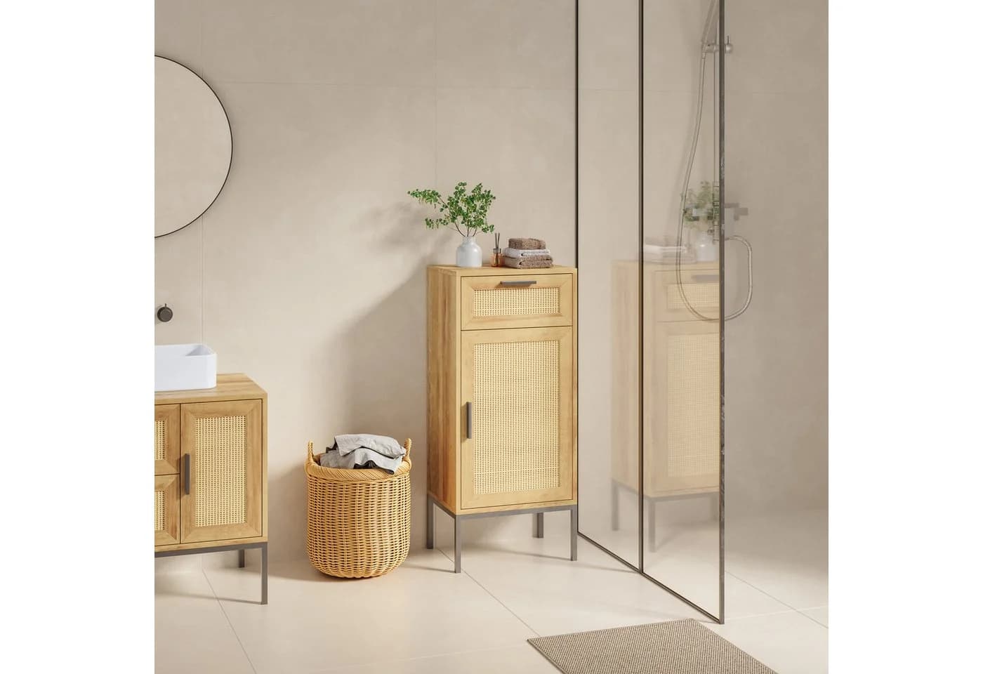 en.casa Midischrank Marhasa mit Tür und Schublade 92x40x30 cm Eicheoptik/Schwarz