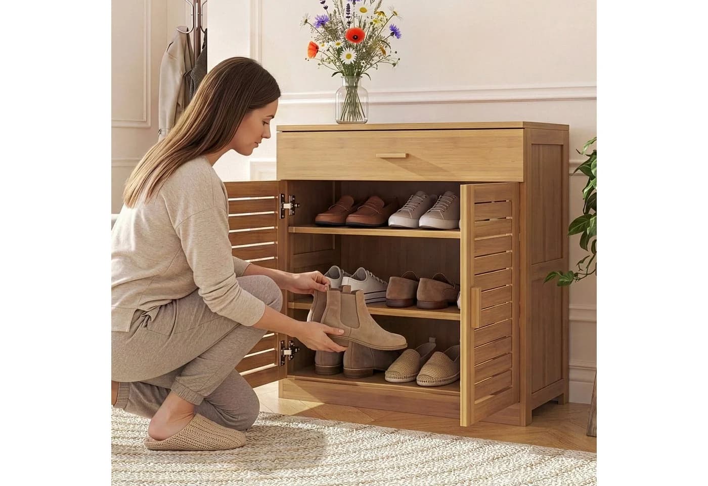 en.casa Schuhschrank Aarela Bambus mit Schublade und 2 Türen - Bild 3