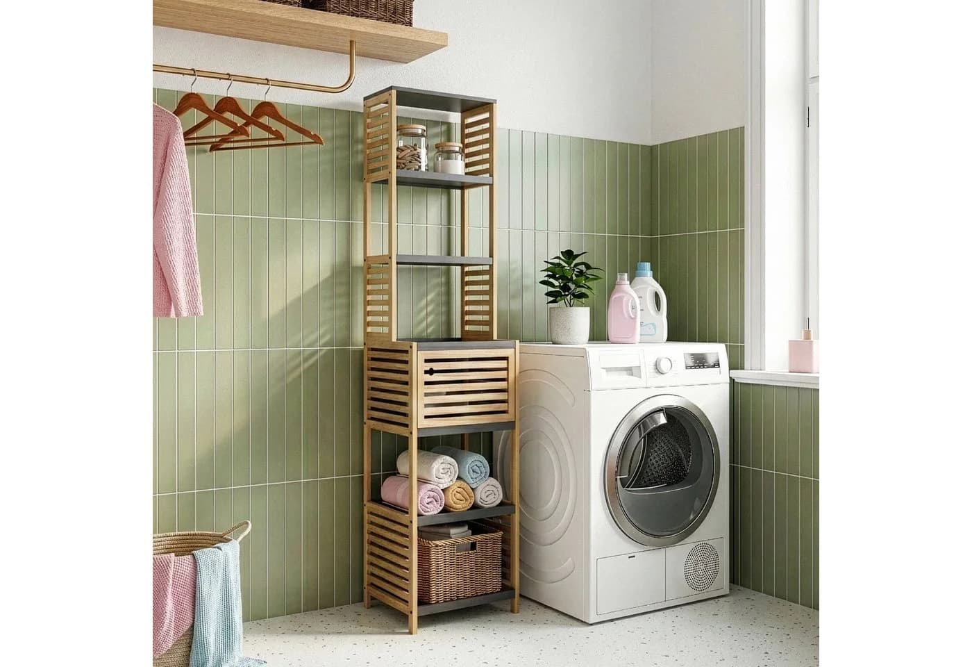 en.casa Badregal Kydesby Bambus Grau 1 Tür 5 Fächer - Bild 1