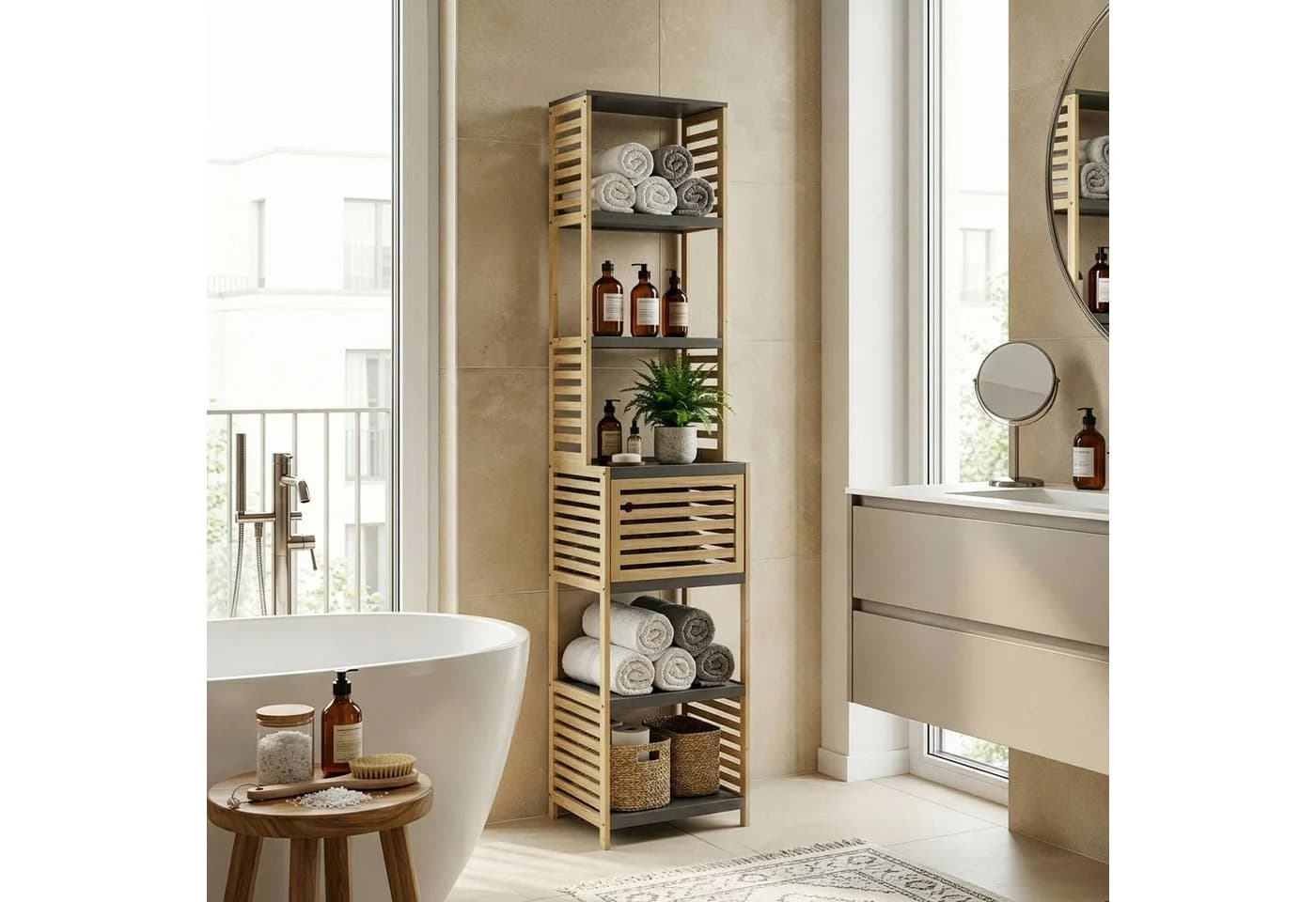 en.casa Badregal Kydesby Bambus Grau 1 Tür 5 Fächer - Bild 2
