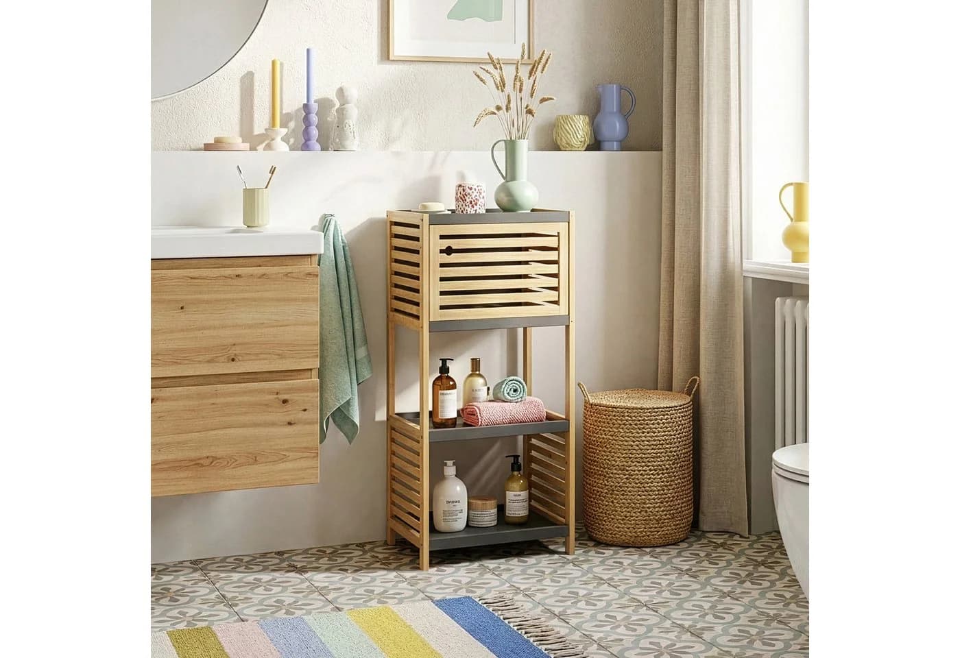en.casa Badregal Kydesby Bambus Grau 1 Tür 2 Fächer - Bild 2