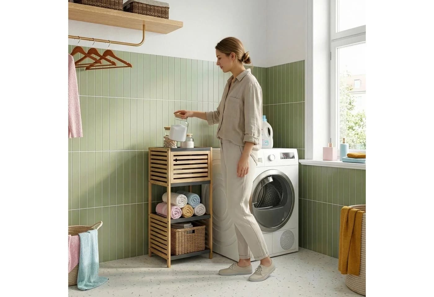 en.casa Badregal Kydesby Bambus Grau 1 Tür 2 Fächer - Bild 3