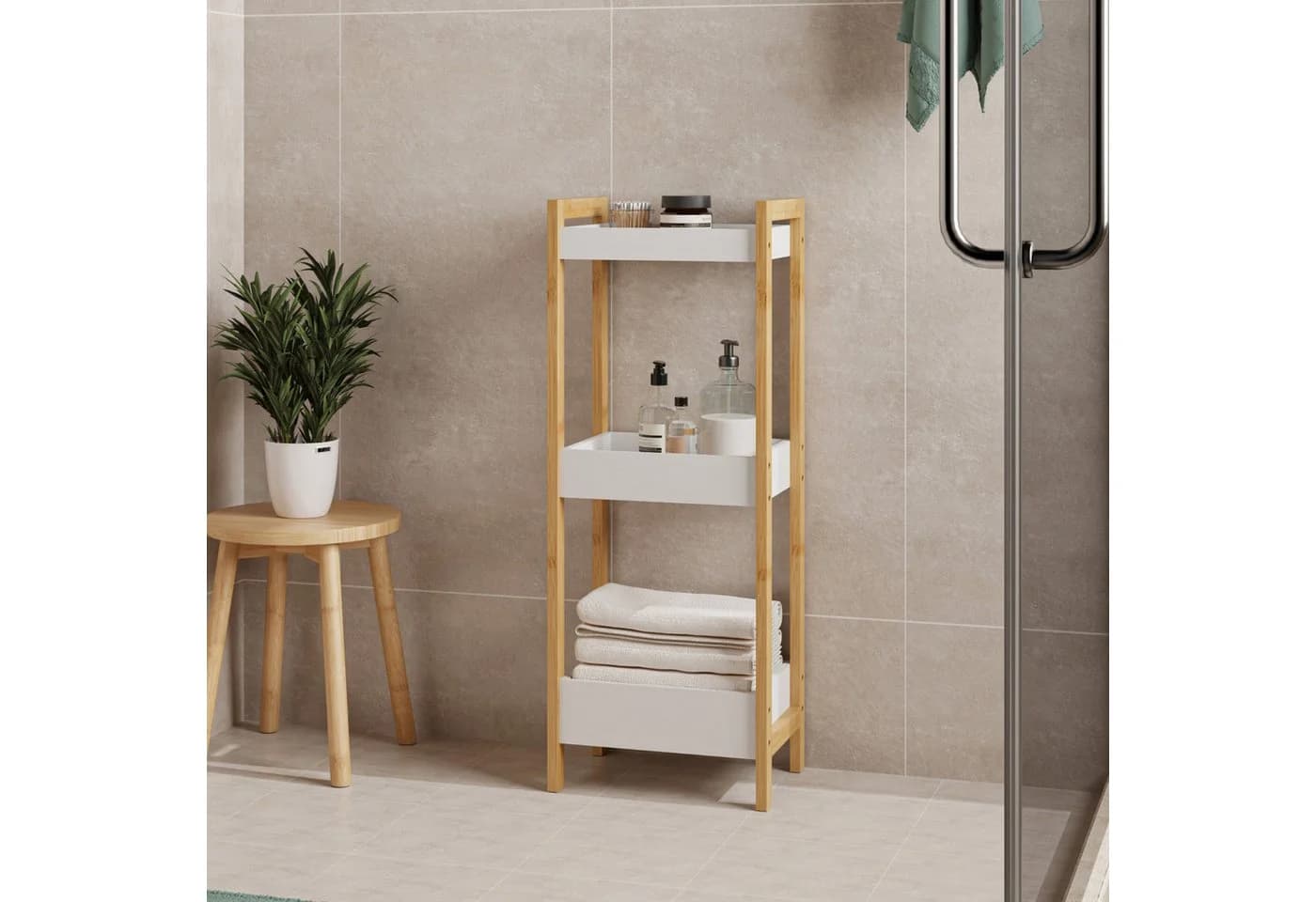 en.casa Standregal Anun mit 3 Ablagekörben Bambus Natur/Weiß - Bild 2