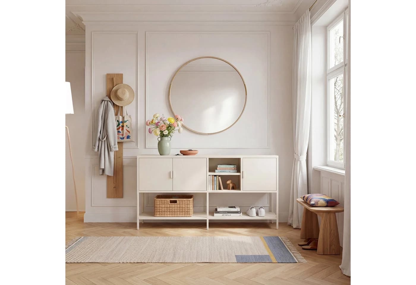 en.casa Sideboard Kliri 3 Türen Stahl Cremeweiß