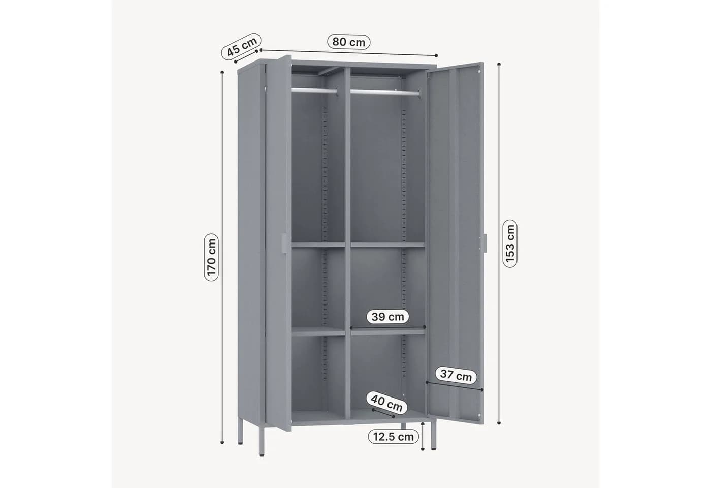 en.casa Kleiderschrank Esteli Grau mit 2 Türen - Bild 3
