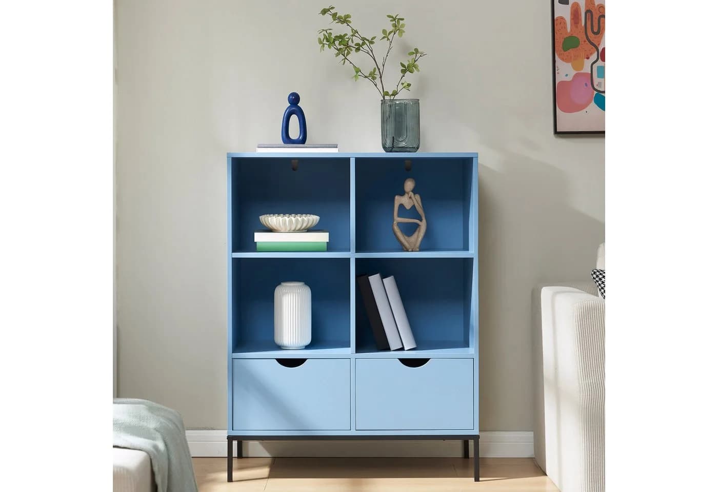 en.casa Bücherregal Colwyn Blau mit 2 Schubladen