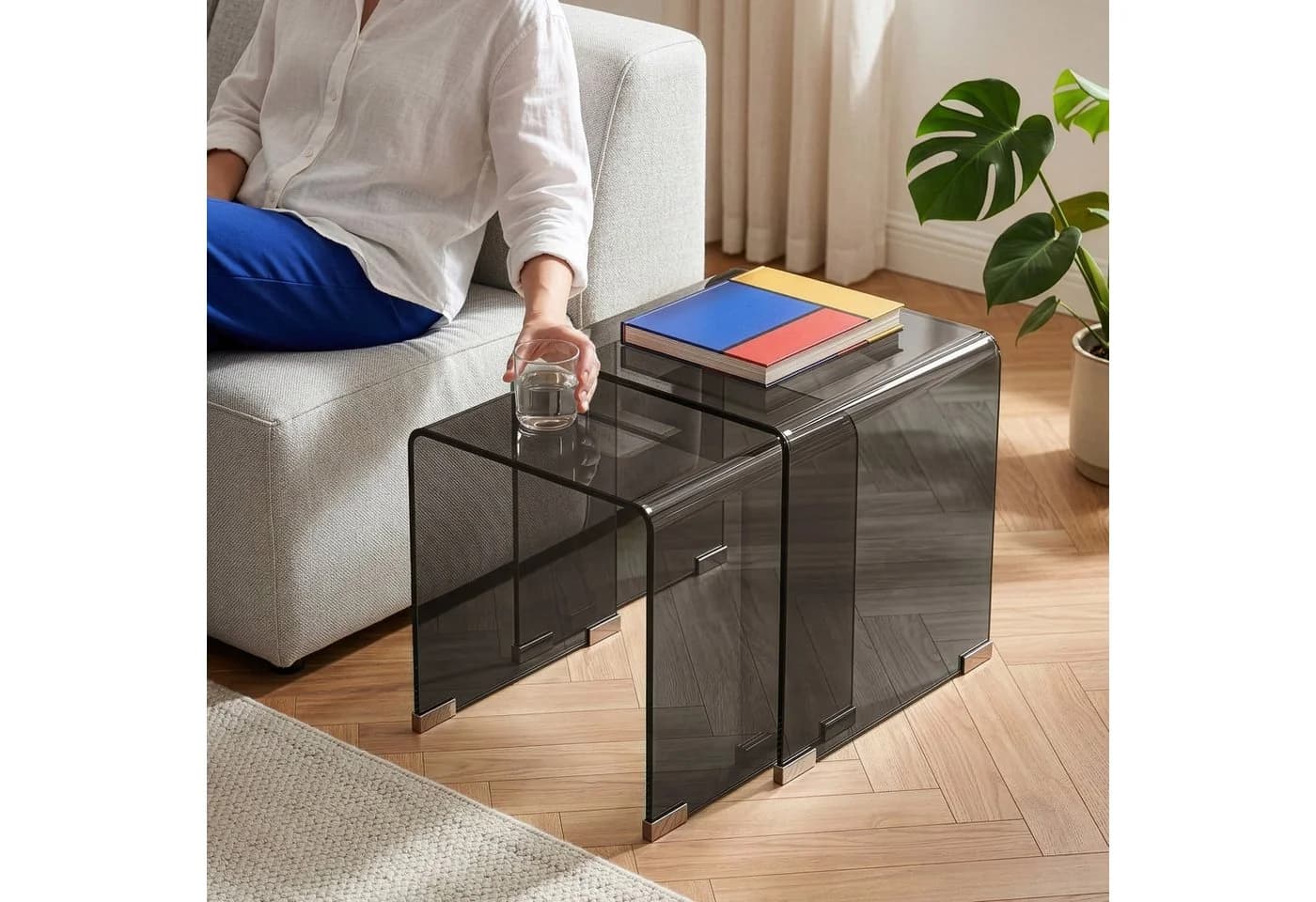 en.casa Satztisch 2-tlg. Couchtisch-Set Glastisch Dunkelgrau - Bild 2