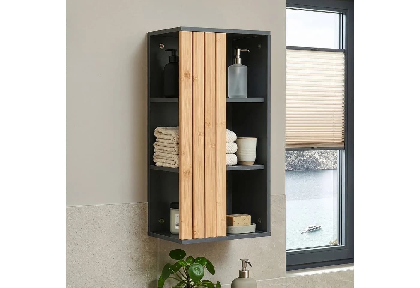 en.casa Hängeschrank Svanes 60x30x20 cm mit 3 Fächern Dunkelgrau/Bambus - Bild 2