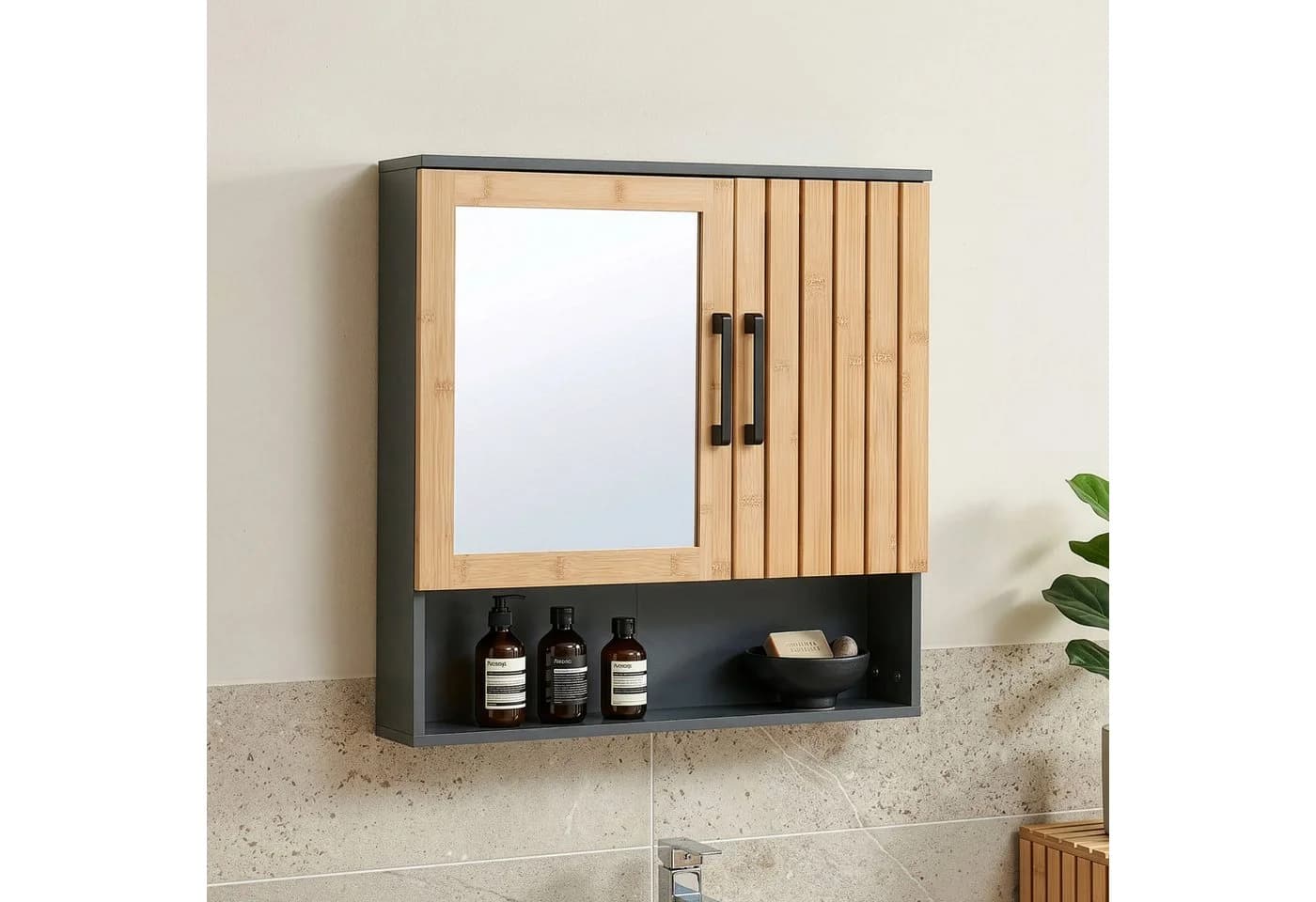en.casa Spiegelschrank Svanes 58x56 cm Dunkelgrau/Natur Bambusfront - Bild 2