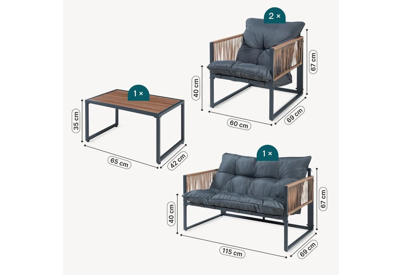 casa.pro Gartenlounge-Set 4-tlg. Dunkelgrau Rattanoptik - Bild 4