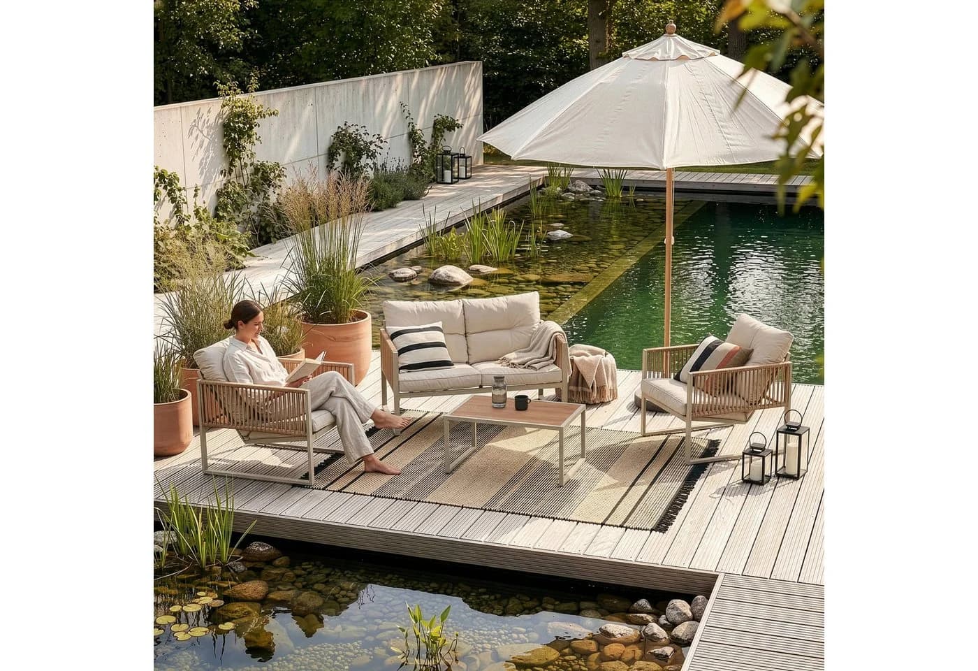 casa.pro Gartenlounge-Set 4-tlg. Beige Stahl Rattanoptik