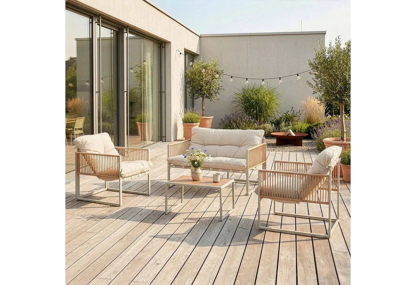 casa.pro Gartenlounge-Set 4-tlg. Beige Stahl Rattanoptik - Bild 2