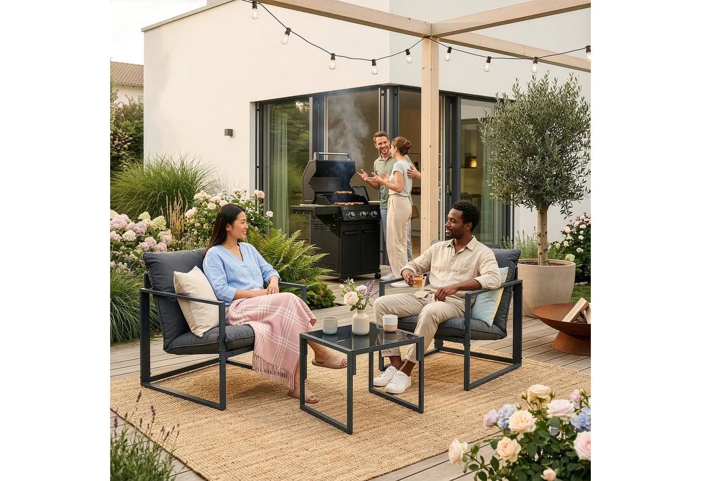 casa.pro Gartenlounge-Set 3-tlg. Dunkelgrau mit Kissen