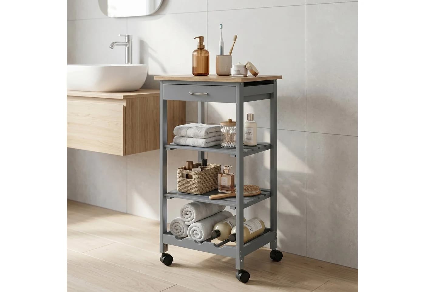 en.casa Servierwagen Biel Dunkelgrau mit Holzoptik und Rollen - Bild 3