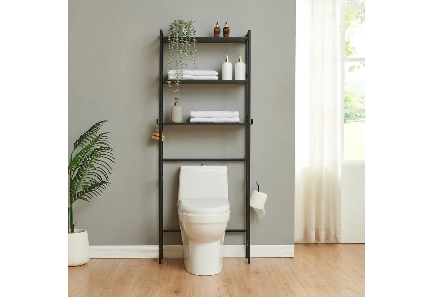 en.casa Standregal Ljukhobro Schwarz mit 3 Ablagen und Toilettenpapierhalter