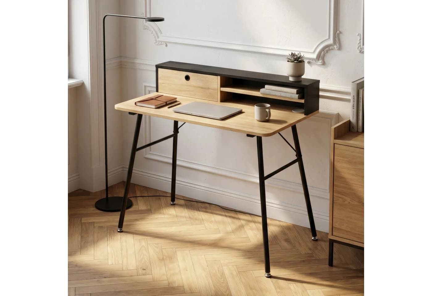 en.casa Schreibtisch Var Schwarz/Eicheoptik mit Schublade und Fächern - Bild 2