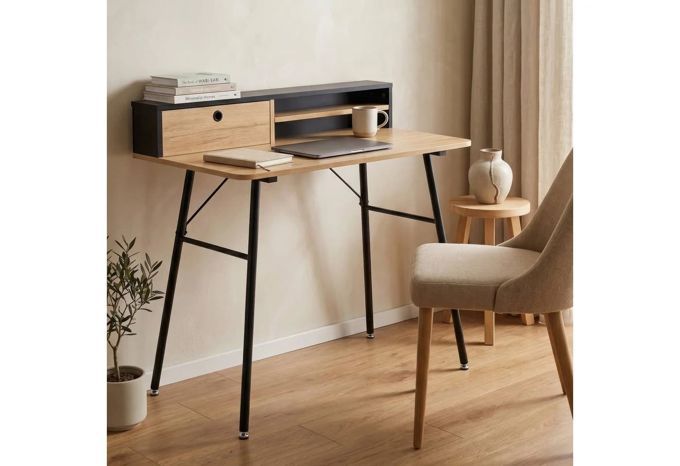 en.casa Schreibtisch Var Schwarz/Eicheoptik mit Schublade und Fächern - Bild 4