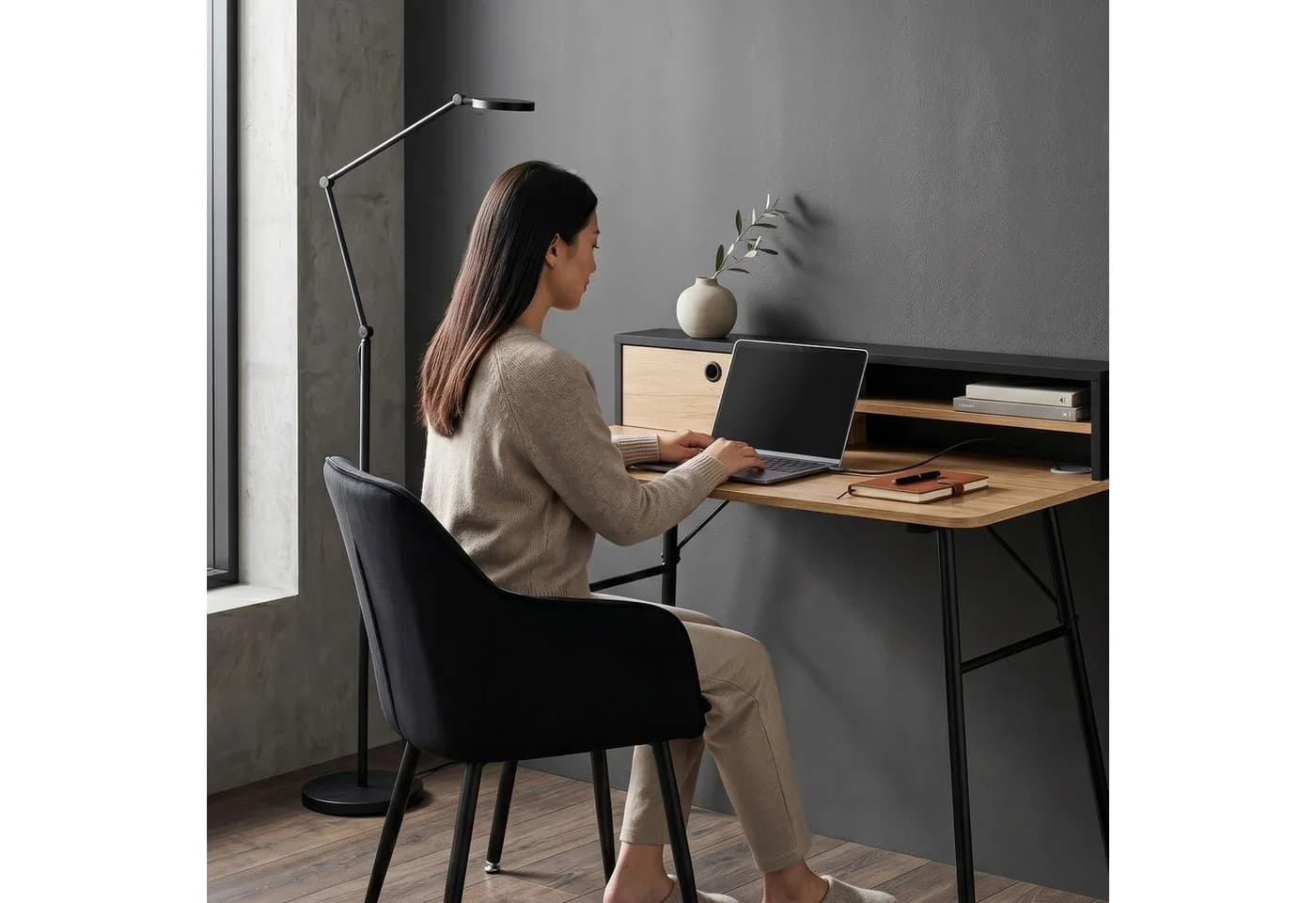 en.casa Schreibtisch Var Schwarz/Eicheoptik mit Schublade und Fächern - Bild 5