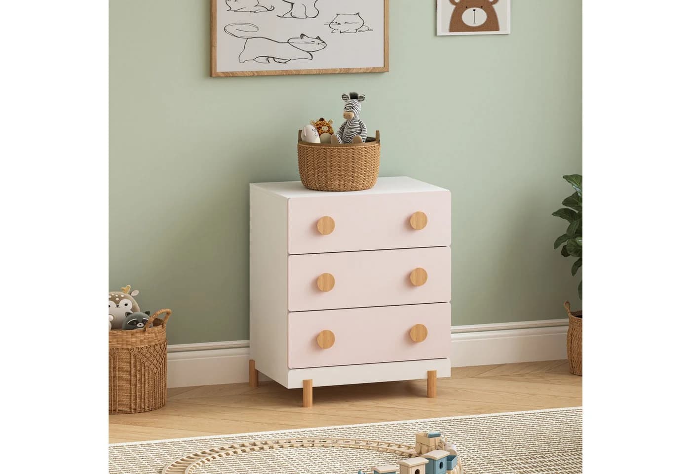 en.casa Kinderkommode 3 Schubladen Weiß/Rosa Skandinavisch - Bild 2