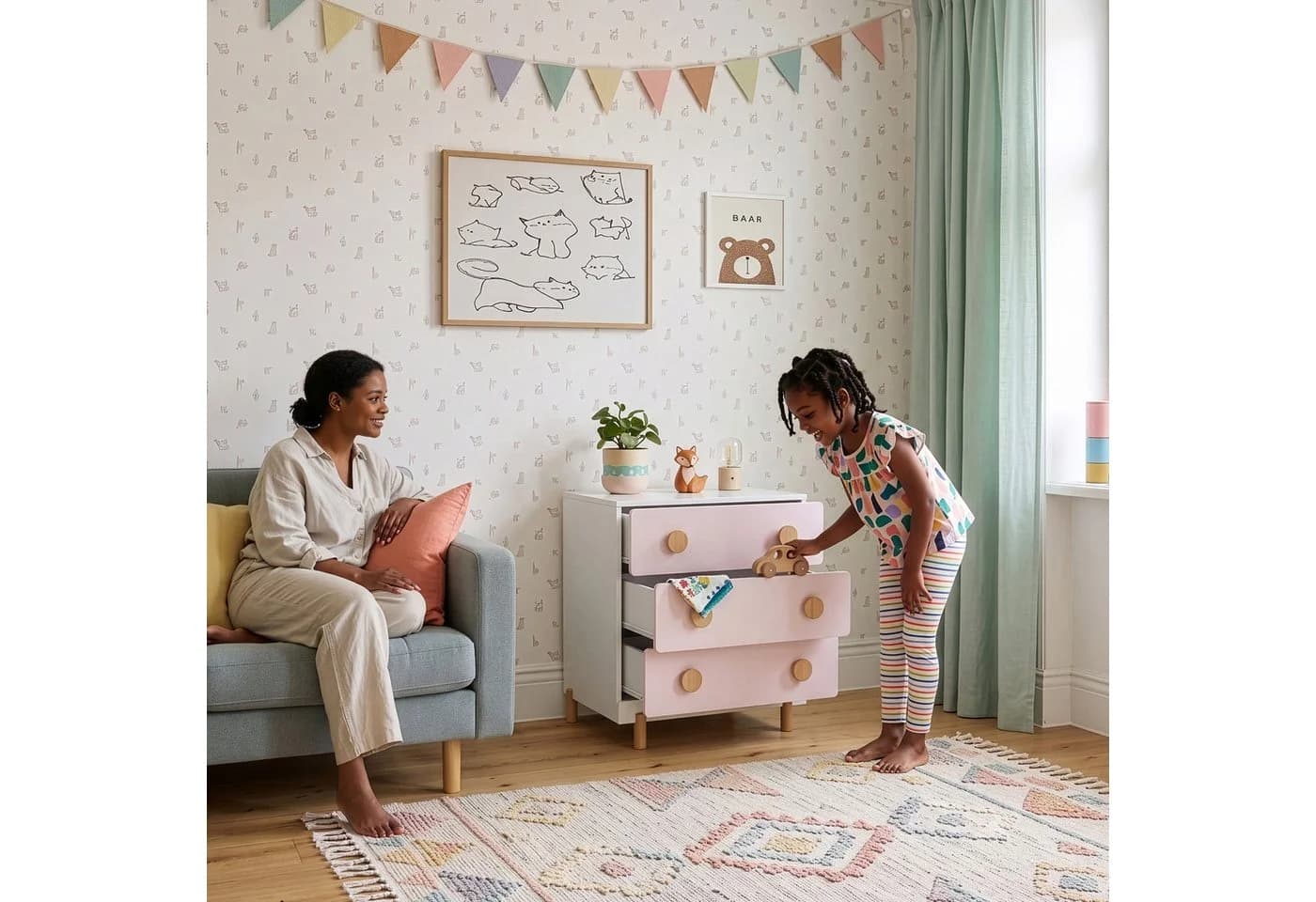 en.casa Kinderkommode 3 Schubladen Weiß/Rosa Skandinavisch - Bild 5