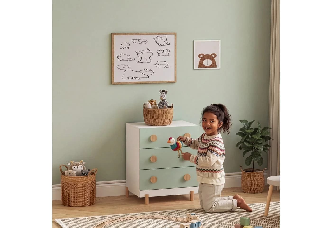 en.casa Kinderkommode Vaarentaa 3 Schubladen Weiß/Mintgrün - Bild 4