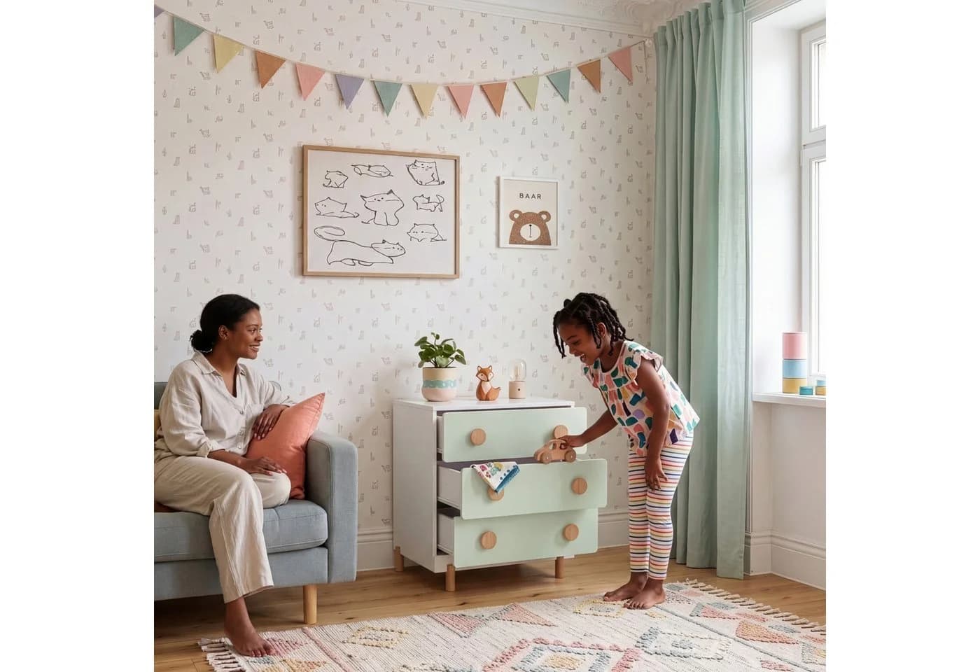 en.casa Kinderkommode Vaarentaa 3 Schubladen Weiß/Mintgrün - Bild 5