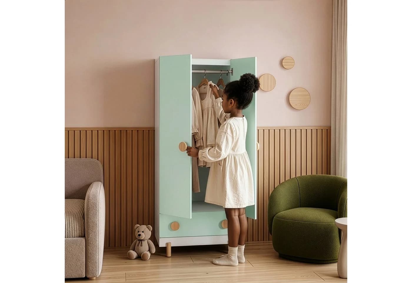 en.casa Kinderkleiderschrank Vaarentaa Weiß/Mintgrün mit Schublade - Bild 4