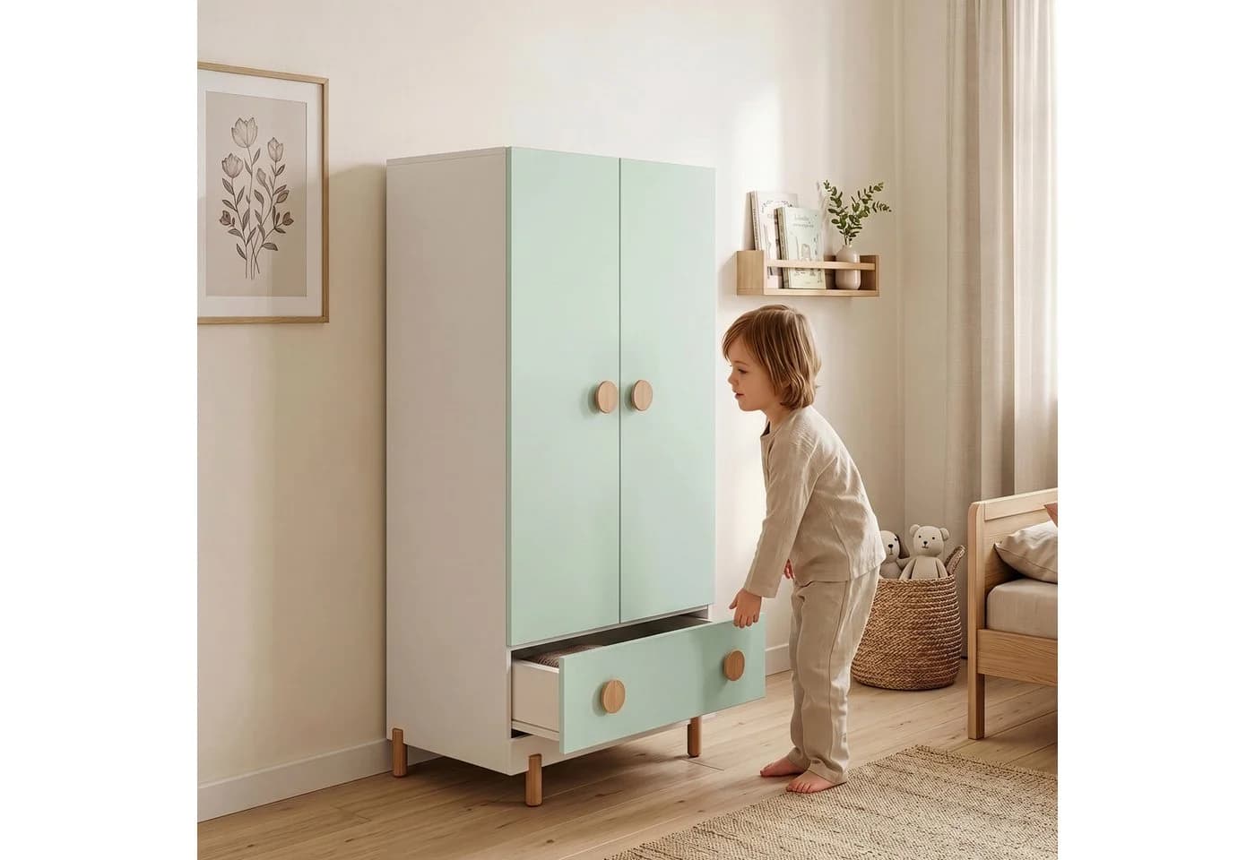 en.casa Kinderkleiderschrank Vaarentaa Weiß/Mintgrün mit Schublade - Bild 5