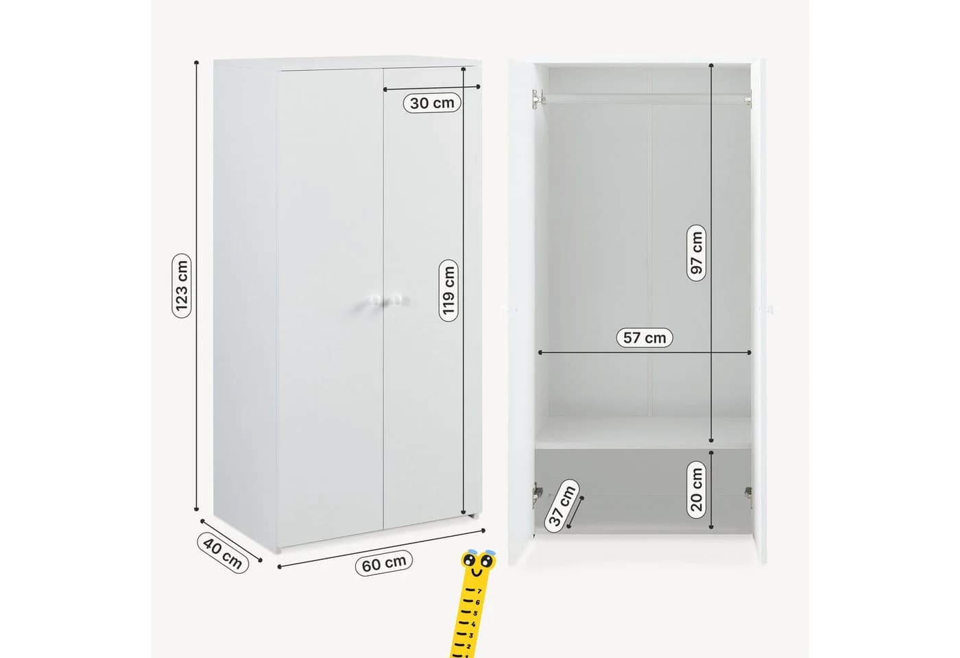 en.casa Kinderkleiderschrank Beldinupp 2 Türen Weiß - Bild 3