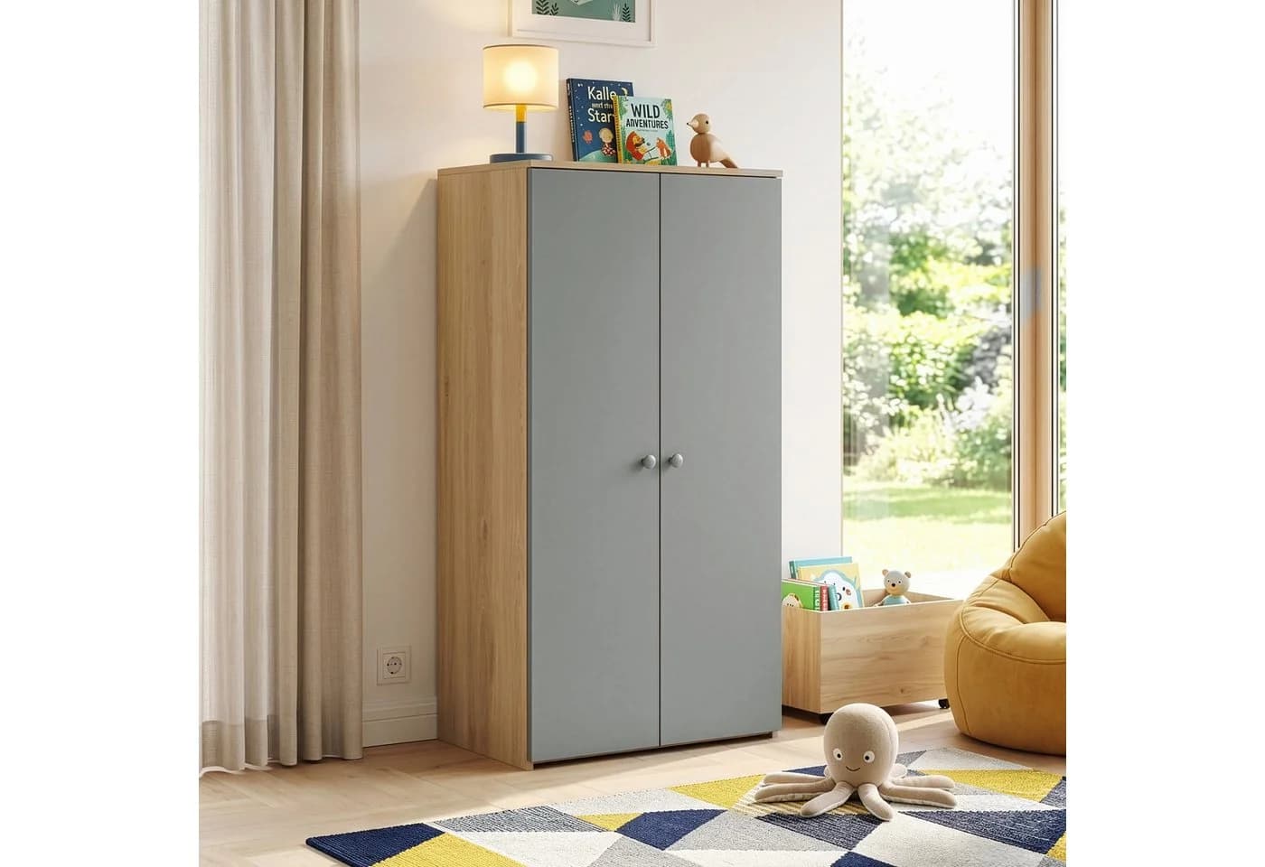 en.casa Kinderkleiderschrank Beldinupp 2 Türen Eicheoptik Grau - Bild 2