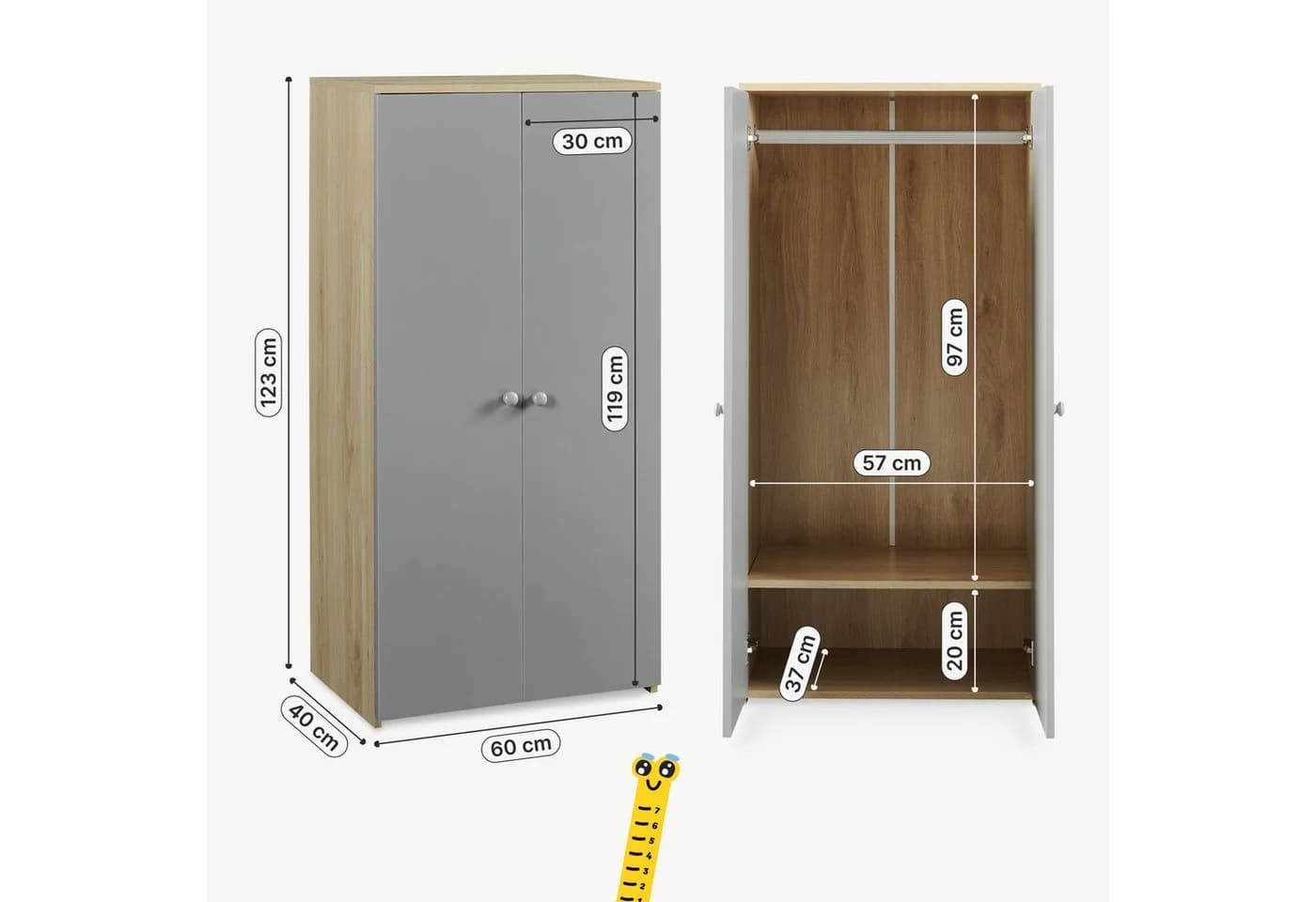 en.casa Kinderkleiderschrank Beldinupp 2 Türen Eicheoptik Grau - Bild 3