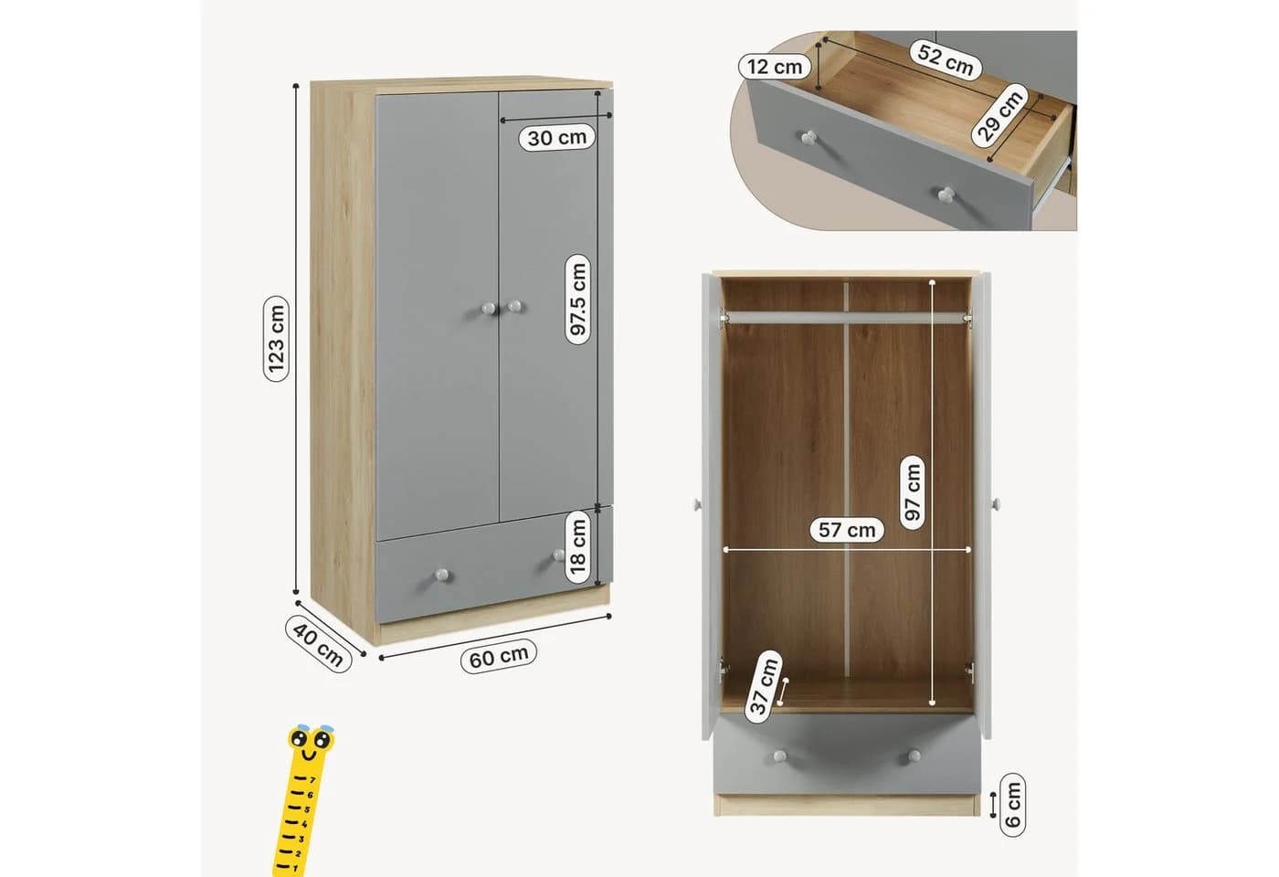 en.casa Kinderkleiderschrank Beldinupp Grau Eicheoptik - Bild 3