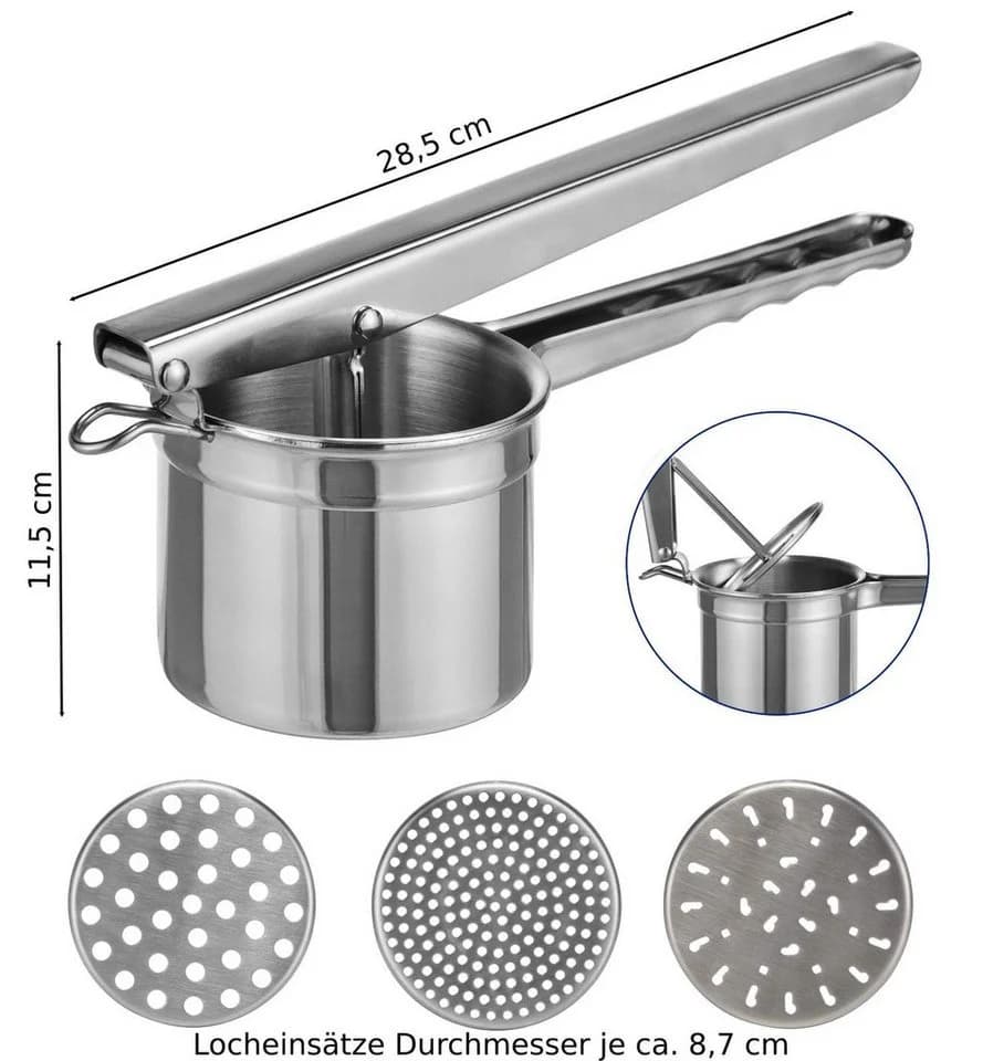 Gravidus Kartoffelpresse Edelstahl mit 3 Locheinsätzen Silber