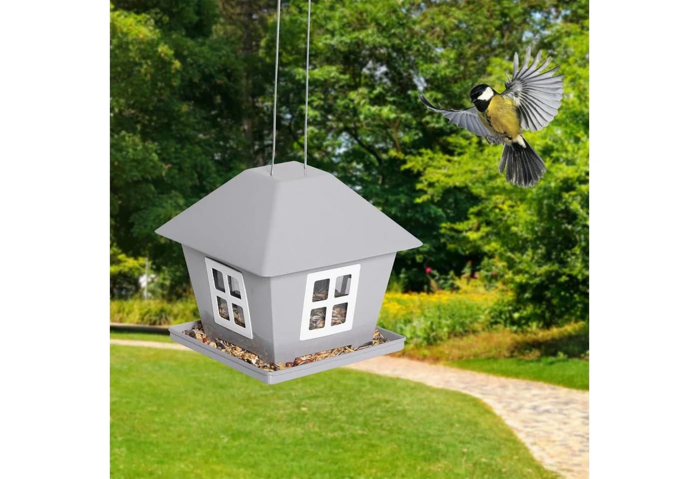 Gravidus Vogelhaus LED Solar mit Licht zum Aufhängen Garten Metall grau