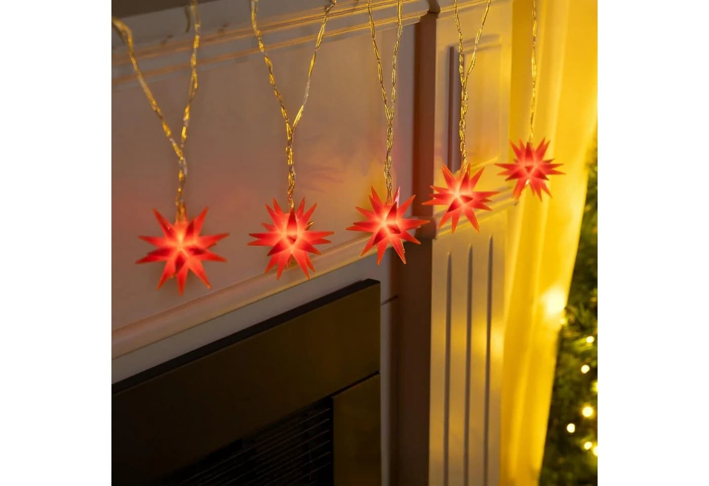Gravidus LED-Lichterkette Sterne Rot 5 Warm Weiße LEDs 6 cm Ø Timer - Bild 2