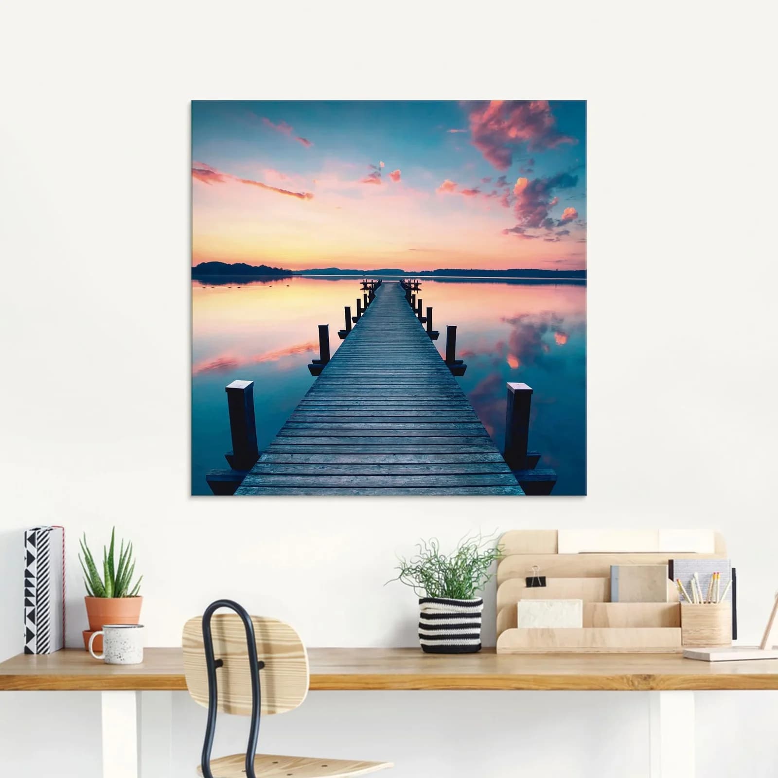 ARTLAND Glasbild Langer Pier am See im Sonnenaufgang Blau