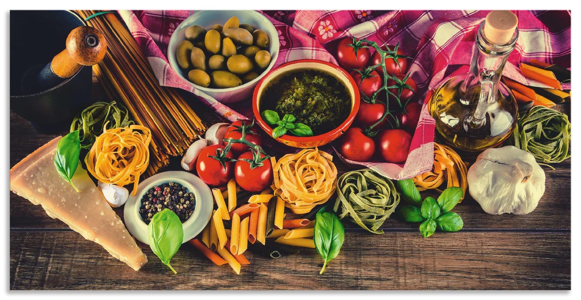 ARTLAND Leinwandbild Italienisch mediterrane Lebensmittel Bunt 150x75 cm