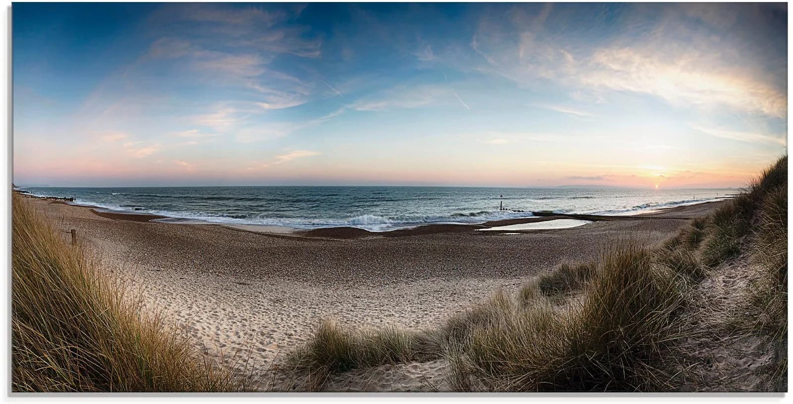 ARTLAND Glasbild Strand und Sanddünen Blau 100x50 cm