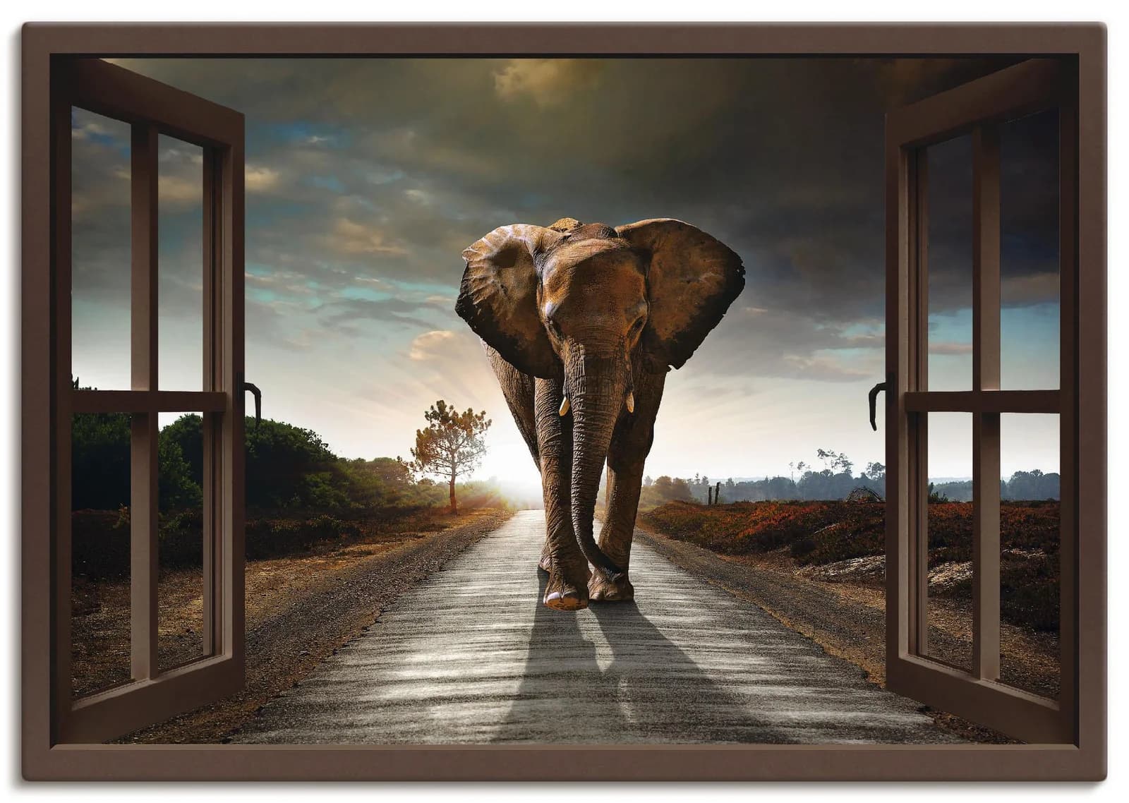 ARTLAND Leinwandbild Elefant auf Straße braun