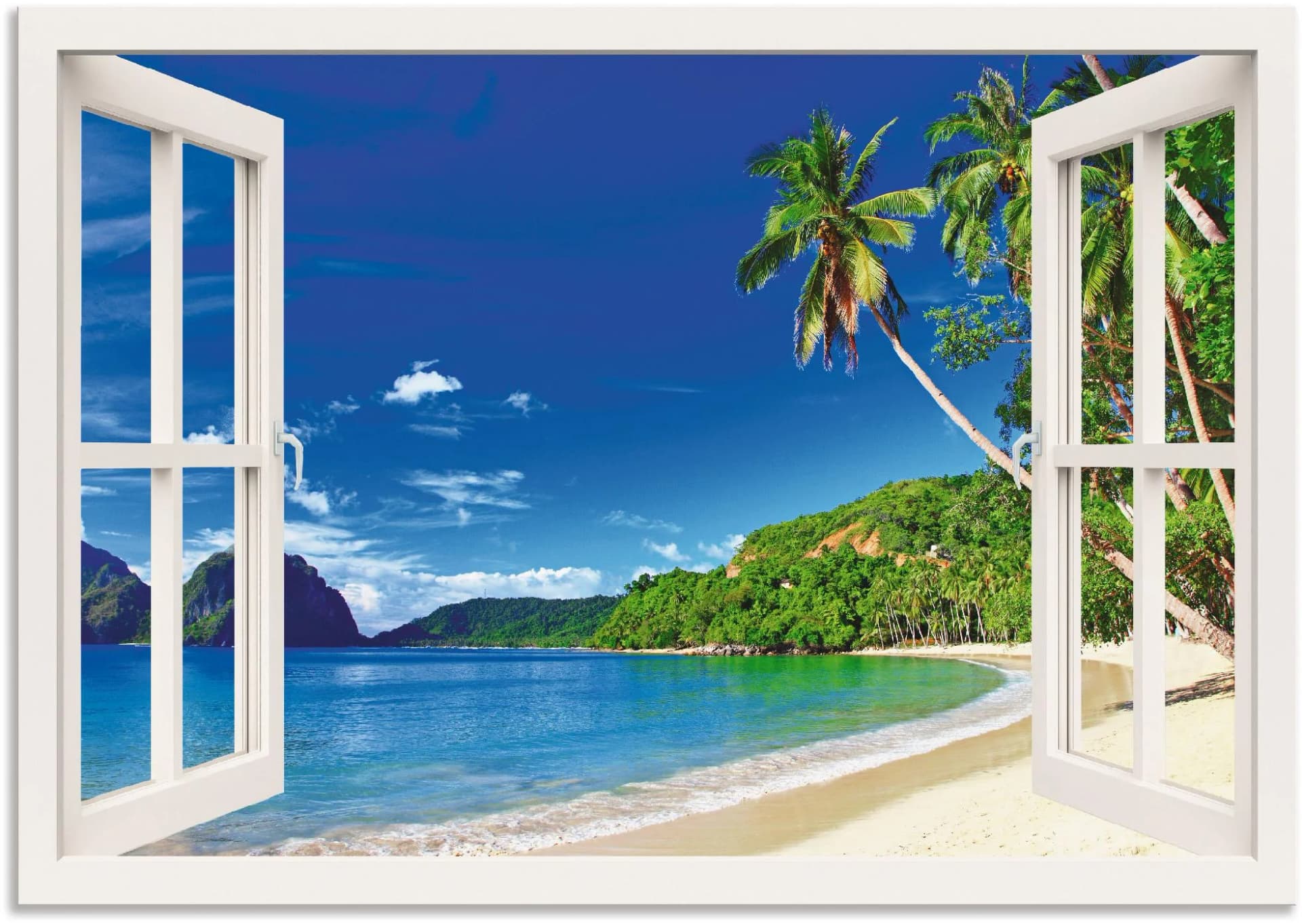 ARTLAND Wandbild Fensterblick Paradies Weiß Alu-Leinwand-Poster