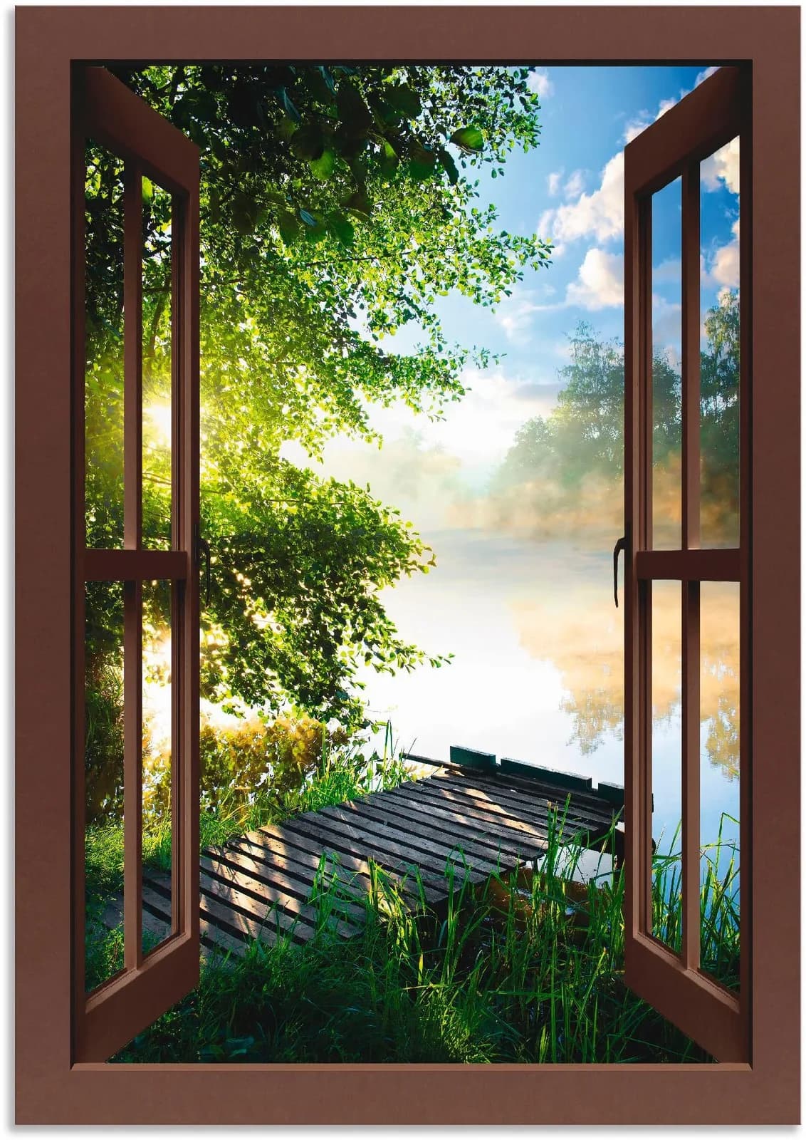 ARTLAND Wandbild Fensterblick Angelsteg am Fluss Braun