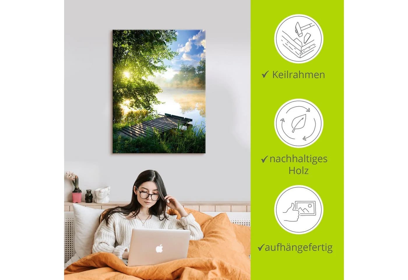 ARTLAND Wandbild Angelsteg am Morgen Grün Leinwandbild 30x40 cm - Bild 5