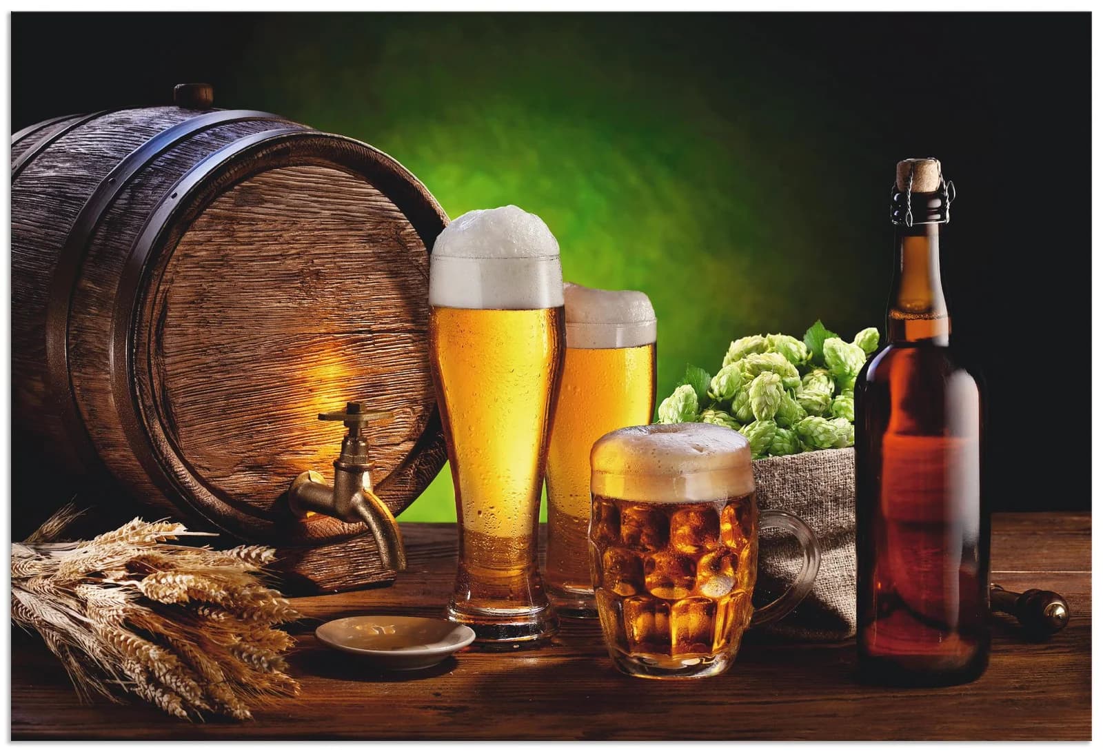 ARTLAND Wandbild Bier Stillleben Braun Alu-Dibond Leinwand