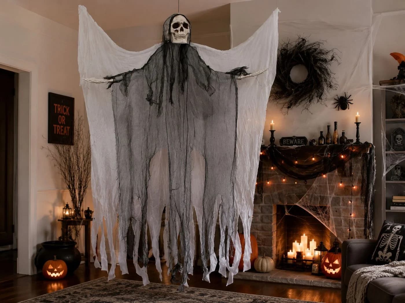Das Kostümland Todesengel Halloween Hängefigur 180 cm Schwarz/Weiß - Bild 3