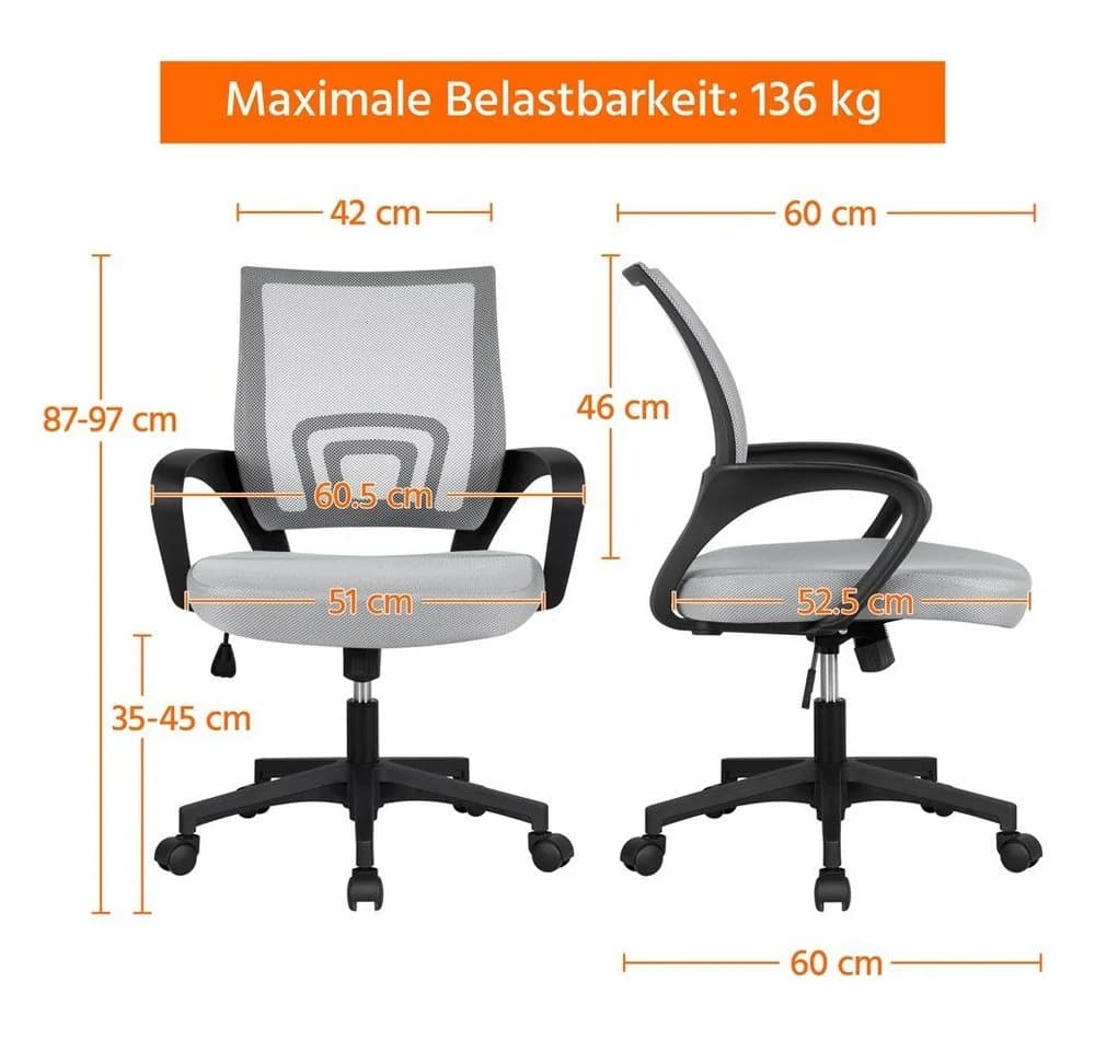 Yaheetech Bürostuhl Grau Höhenverstellbar mit Schaukelfunktion - Bild 4