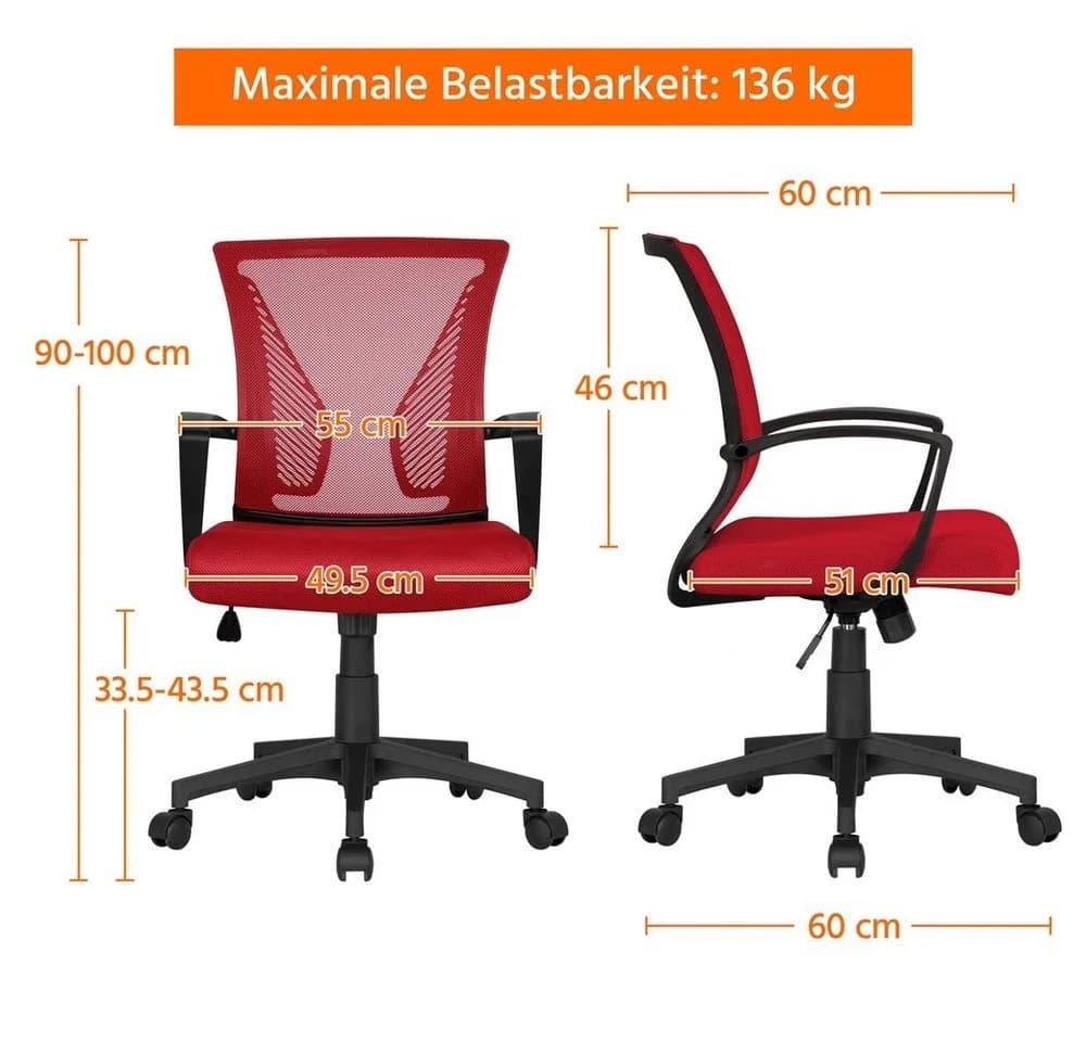 Yaheetech Bürostuhl Rot Höhenverstellbar mit Wippfunktion - Bild 5