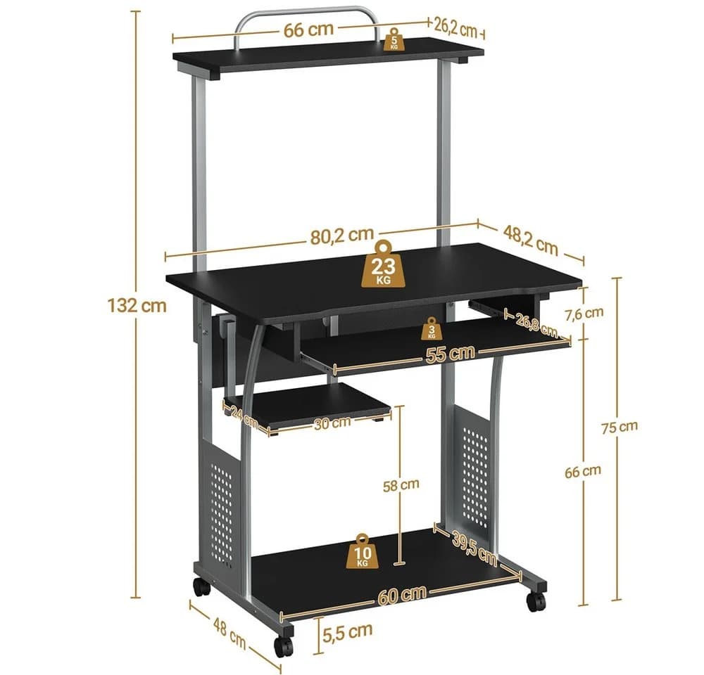 Yaheetech Computertisch Schwarz mit Regal & Rollen für kleinen Raum - Bild 4