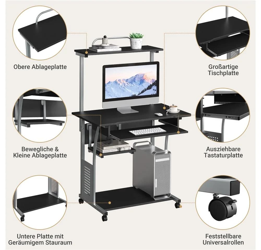 Yaheetech Computertisch Schwarz mit Regal & Rollen für kleinen Raum - Bild 5